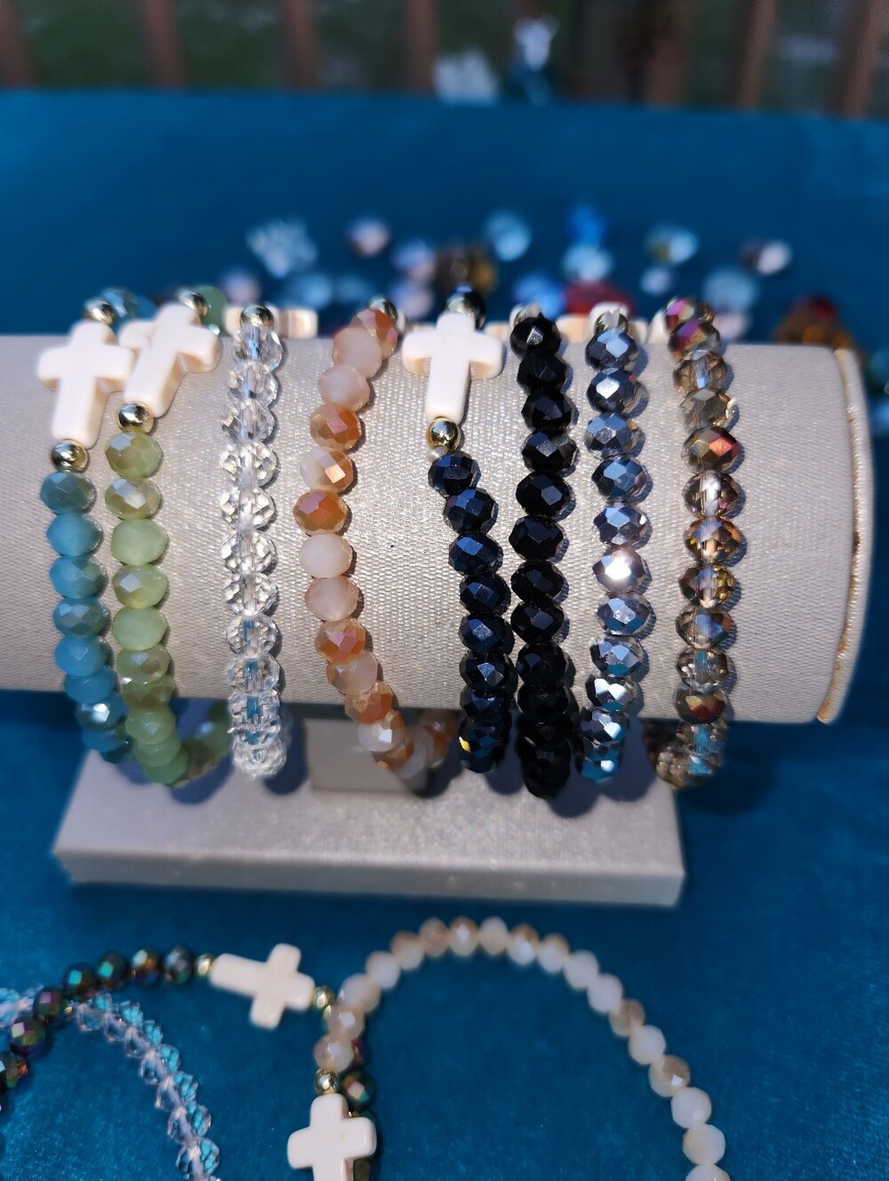 Beaded Cross Stretch Bracelet - White Cross, Multicolor Beads Your Choice - Picture 6 of 8
